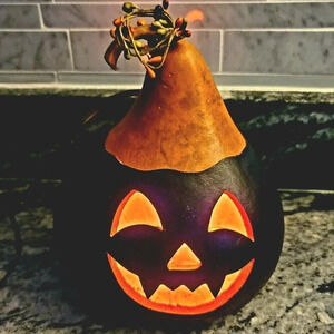 Vintage Meadowbrooke Gourds Lighted Orange  And Black Pumpkin  Halloween 9"